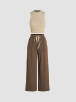 Women’s Summer Two-Piece Pants Set – Solid Color Sleeveless Vest with Pleated Trousers | Casual & Elegant Wrinkle-Free Outfit