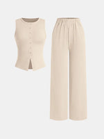 Women’s Summer Two-Piece Set – Thin Ribbed Button Vest with Wide Leg Pants | Casual Ice Sense Outfit