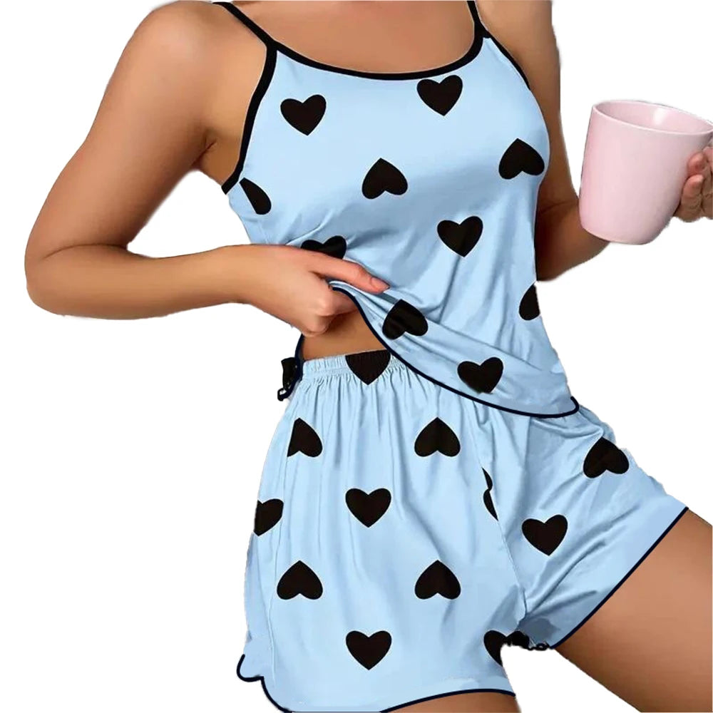 Women’s Summer Pajama Set – Pink Heart Print Sleeveless T-Shirt & Shorts | Ice Silk Polyester Casual Sleepwear