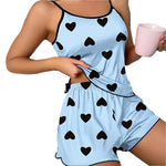 Women’s Summer Pajama Set – Pink Heart Print Sleeveless T-Shirt & Shorts | Ice Silk Polyester Casual Sleepwear