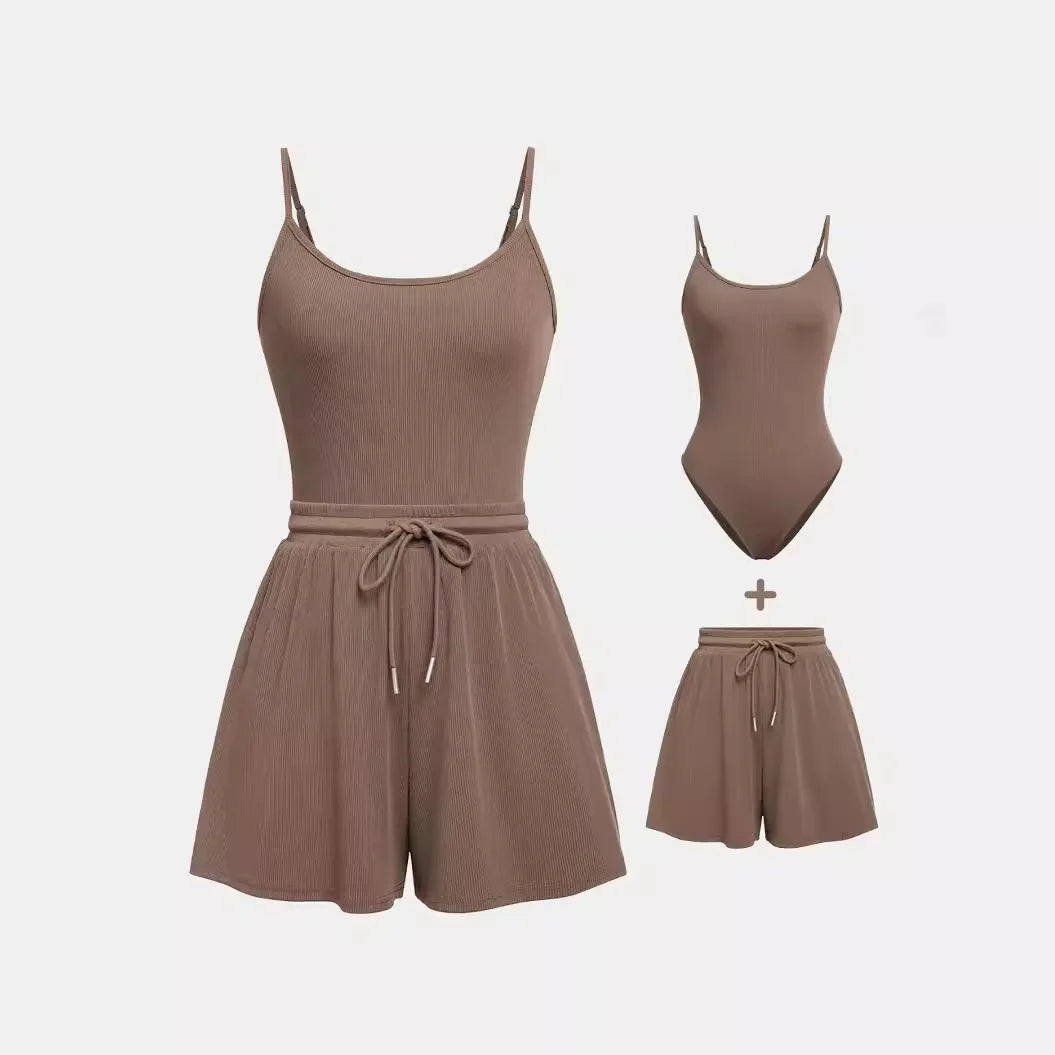 Yozy Short Set Women Two Piece Sets Sling Sleeveless Matching Sets Bodysuits Overalls Shorts Pants Lace Up Elastic Waist Casual Loose