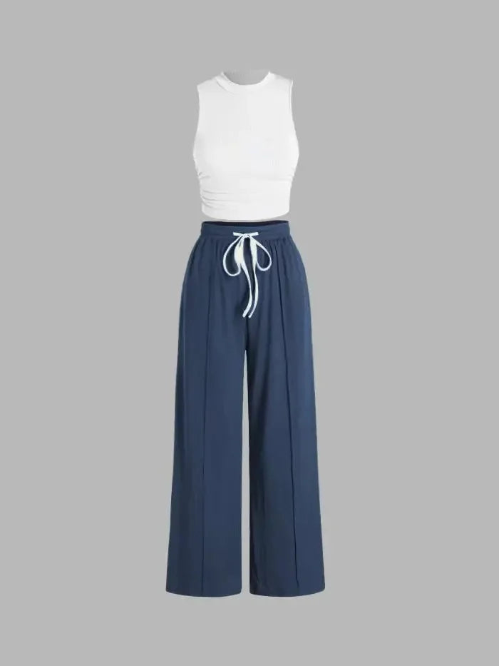 Women’s Summer Two-Piece Pants Set – Solid Color Sleeveless Vest with Pleated Trousers | Casual & Elegant Wrinkle-Free Outfit