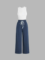 Women’s Summer Two-Piece Pants Set – Solid Color Sleeveless Vest with Pleated Trousers | Casual & Elegant Wrinkle-Free Outfit