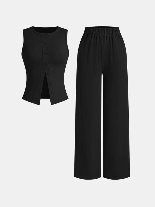 Women’s Summer Two-Piece Set – Thin Ribbed Button Vest with Wide Leg Pants | Casual Ice Sense Outfit