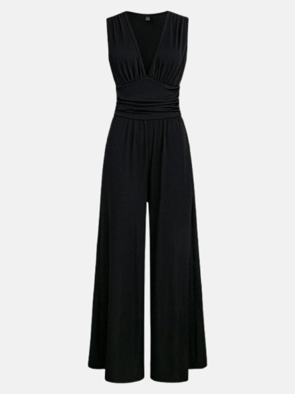 Women’s Elegant Deep V-Neck Jumpsuit – Sleeveless Pleated Wide-Leg Black Jumpsuit with High Waist & Backless Detail, Summer Outfit