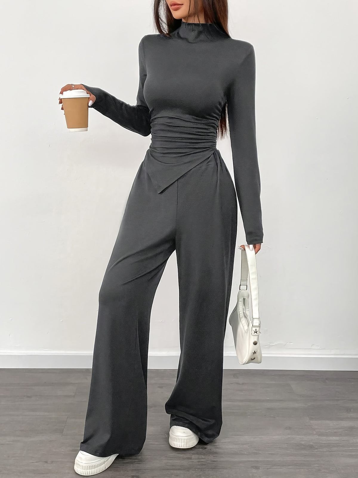 Women’s 2-Piece Set – Solid Color Asymmetrical Ruffled Long-Sleeve Shirt with Wide-Leg Pants | Casual Chic Spring/Summer Outfit