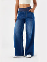 Women’s High-Waisted Stretch Wide-Leg Jeans – Elastic Waist Washed Denim Pants | Relaxed Fit, Soft & Comfortable All-Season Style