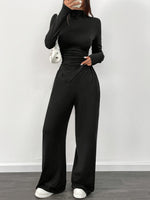 Women’s 2-Piece Set – Solid Color Asymmetrical Ruffled Long-Sleeve Shirt with Wide-Leg Pants | Casual Chic Spring/Summer Outfit