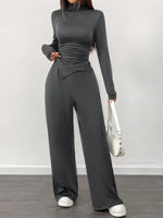 Women’s 2-Piece Set – Solid Color Asymmetrical Ruffled Long-Sleeve Shirt with Wide-Leg Pants | Casual Chic Spring/Summer Outfit