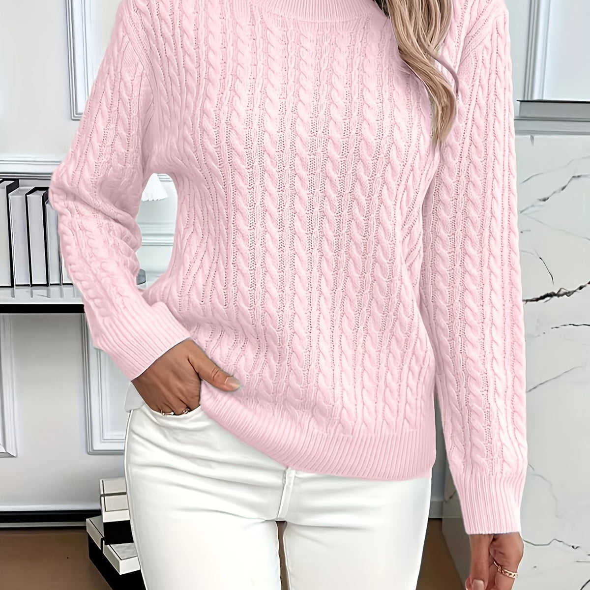 Yozy Women’s Casual Loose-Fit Sweater – Solid Color Ribbed Knit Long Sleeve Pullover | Comfortable Crew Neck Top for Spring & Autumn