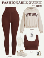 Yozy Women’s 3-Piece Athletic Set – “NEW YORK” Print Hoodie, Sports Bra & Leggings | Medium Stretch Activewear Outfit for All Seasons