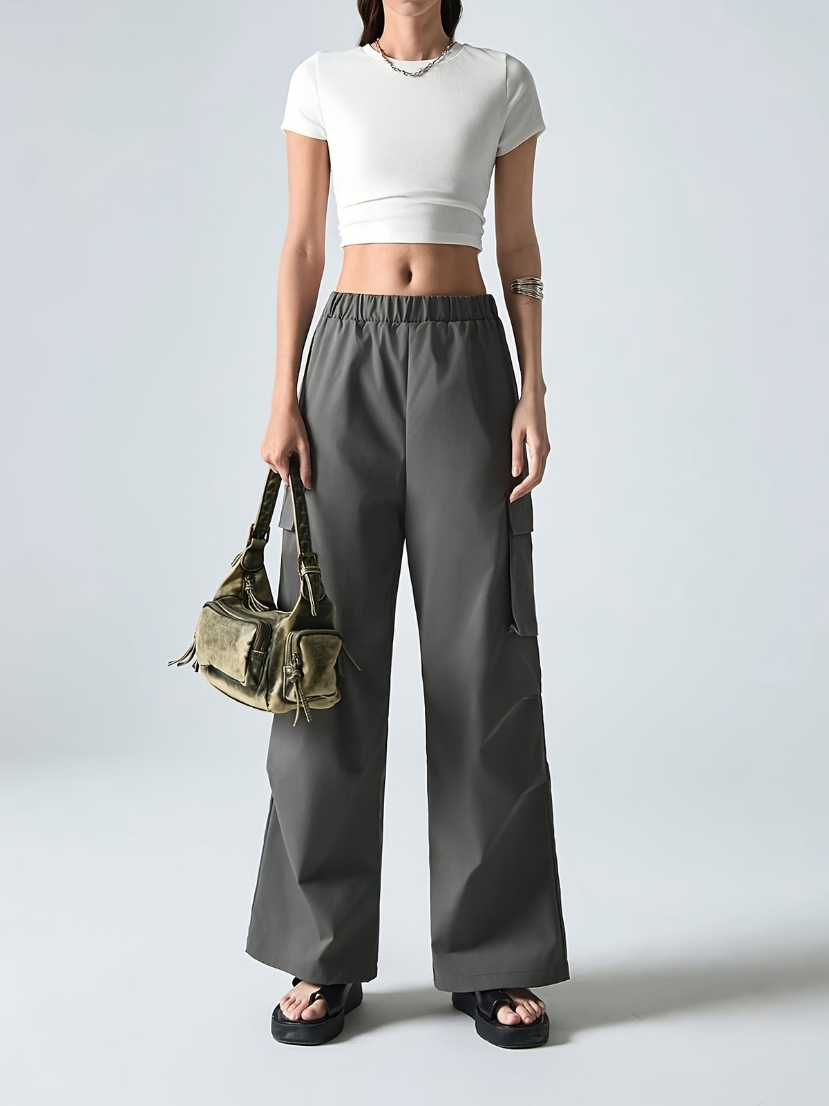 Women’s Casual Two-Piece Set – Solid Color Short Sleeve T-Shirt & Cargo Pants | Breathable Spring/Summer Outfit